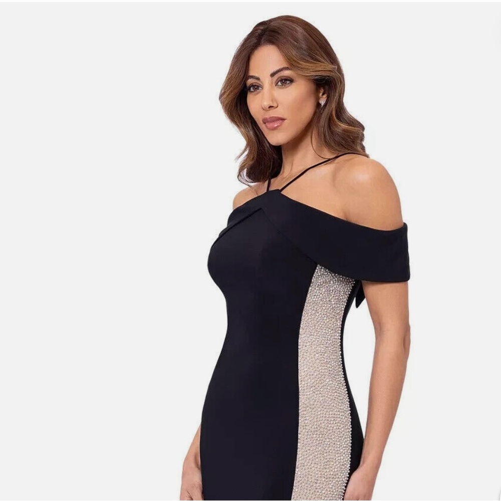 Xscape Black and Silver Off-Shoulder Wedding Dress, Worn only once